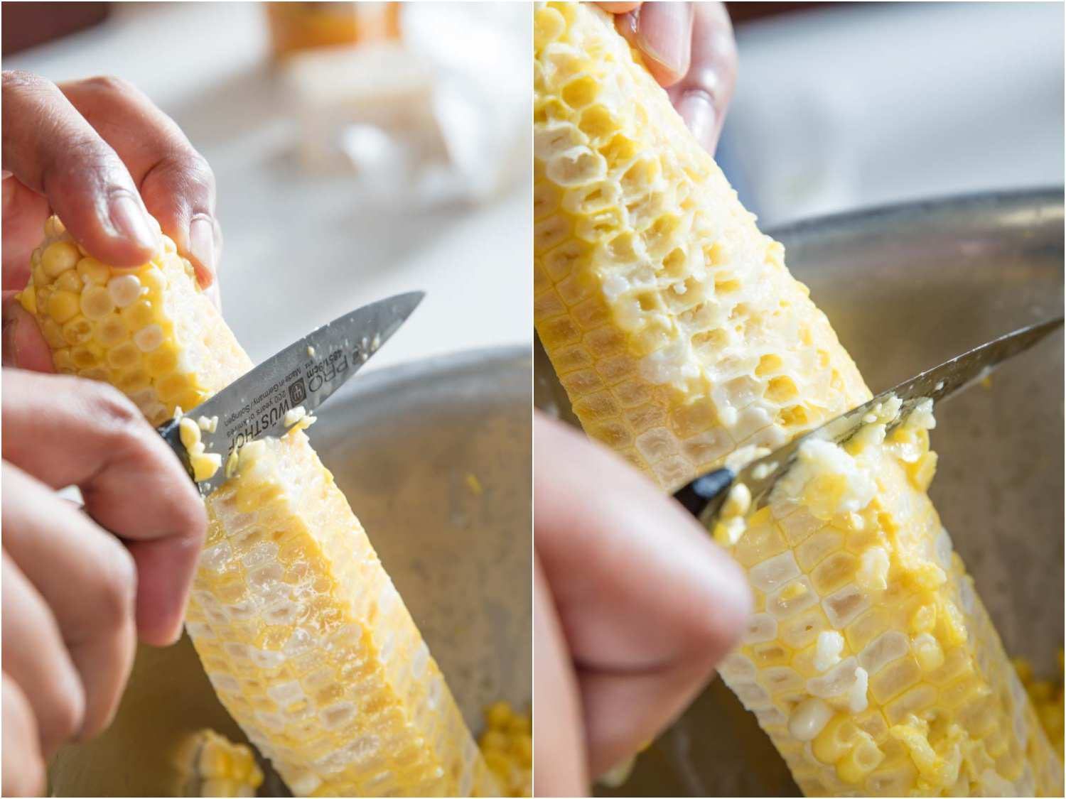 A two-image collage of slicing corn kernels off the cob with paring knife and "milking" the cob.