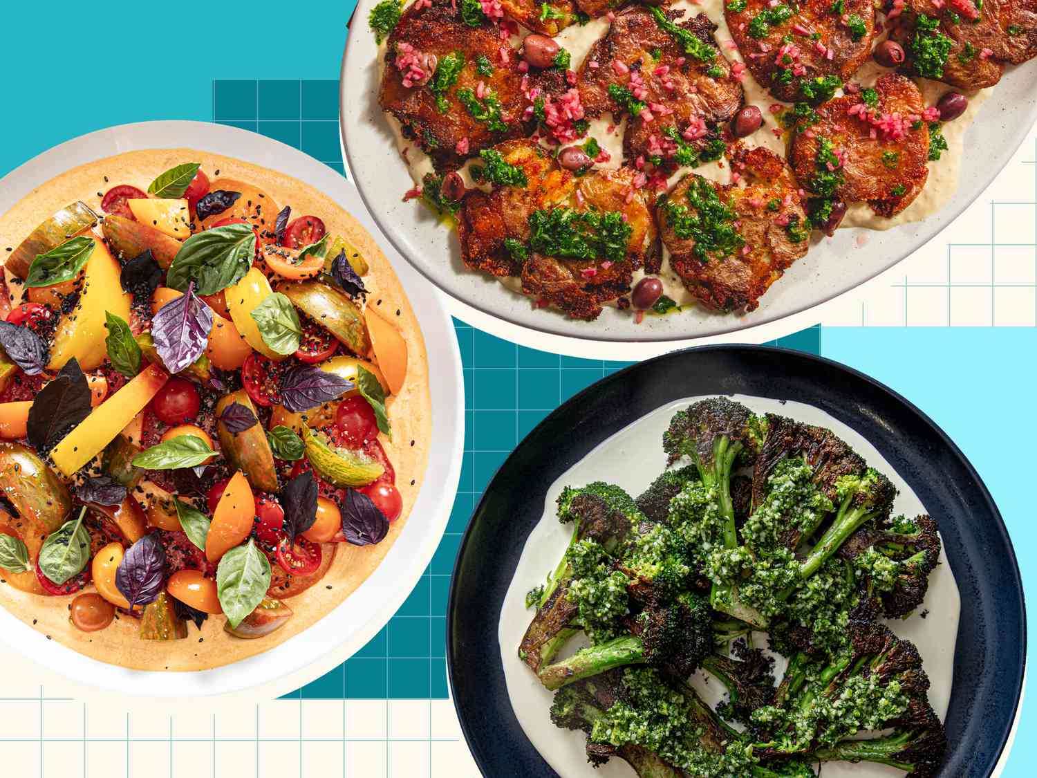 Three plate collage of dishes with double sauce