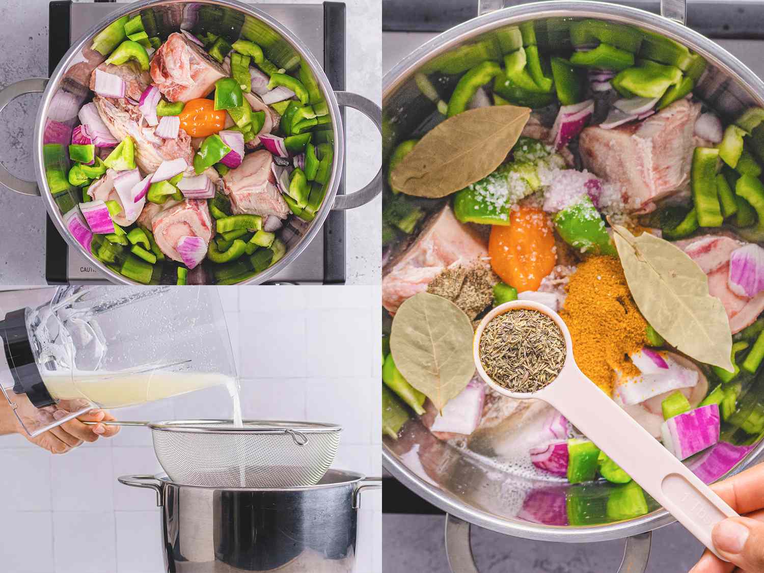 Three image collage. On the left, top: vegetables and meat added to a stock pot. On the left, bottom: garlic and ginger puree added through a strainer. On the right: spices being added to the pot