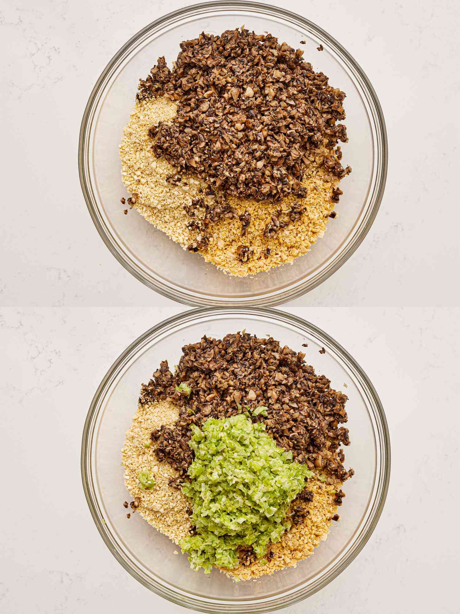 Two image collage of processed mushroom and processed leeks added to bowl