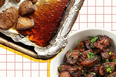 Overhead view of roasting mushrooms tip