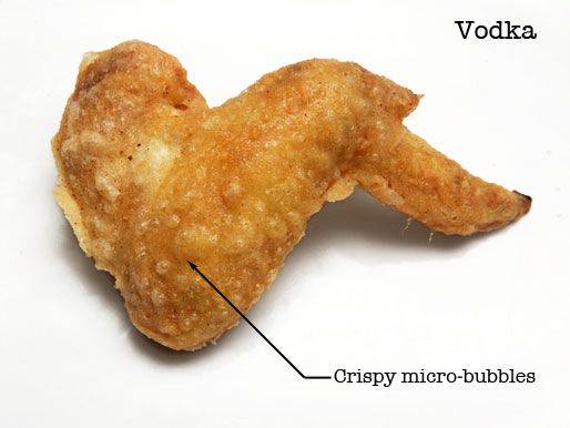 A chicken wing that has been fried and cooked with vodka and has an arrow pointed to crispy micro-bubbles that formed on the skin. The text reads "crispy micro bubbles."