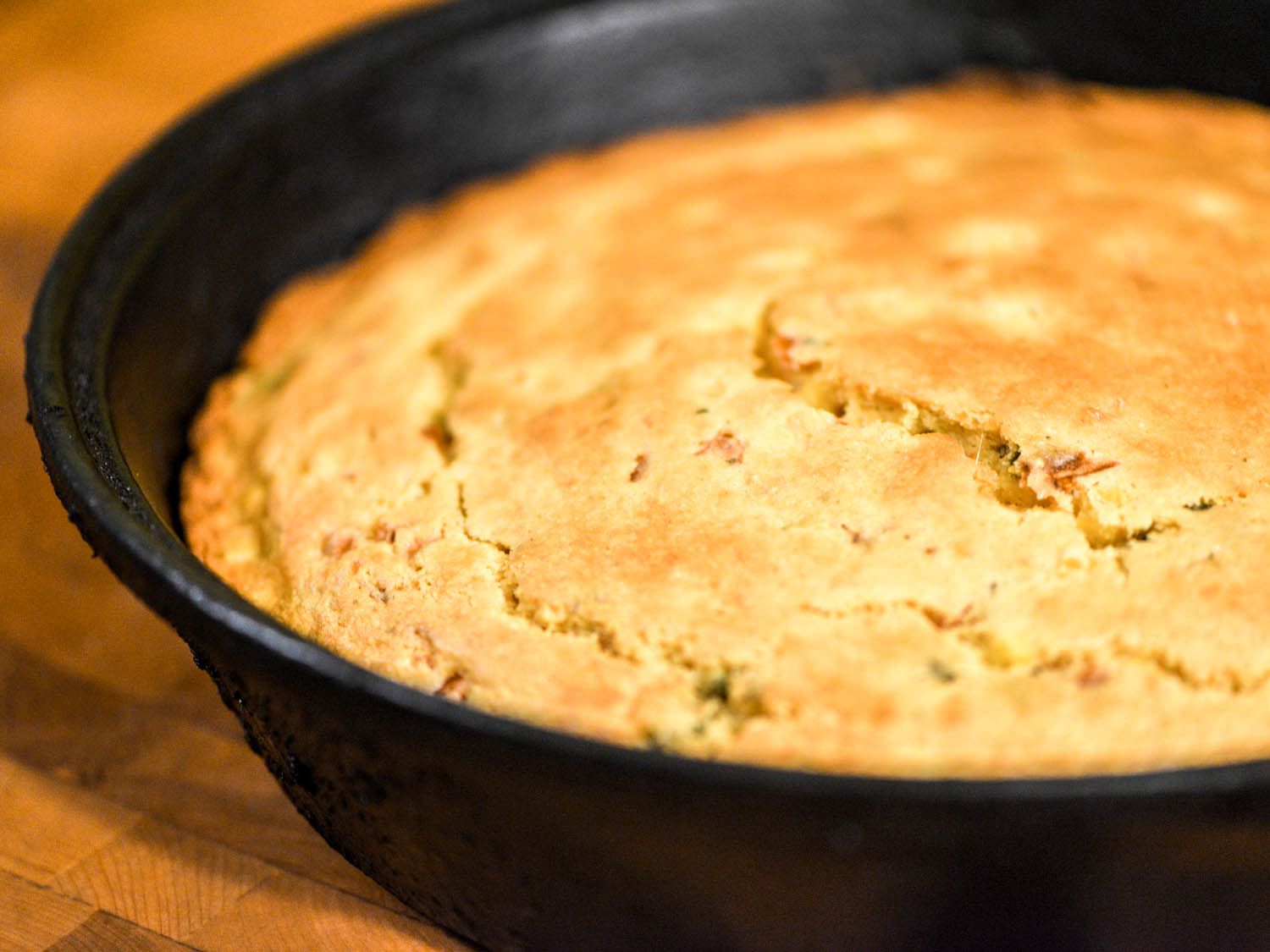 Roasted pepper cornbread baked in a cast-iron skillet
