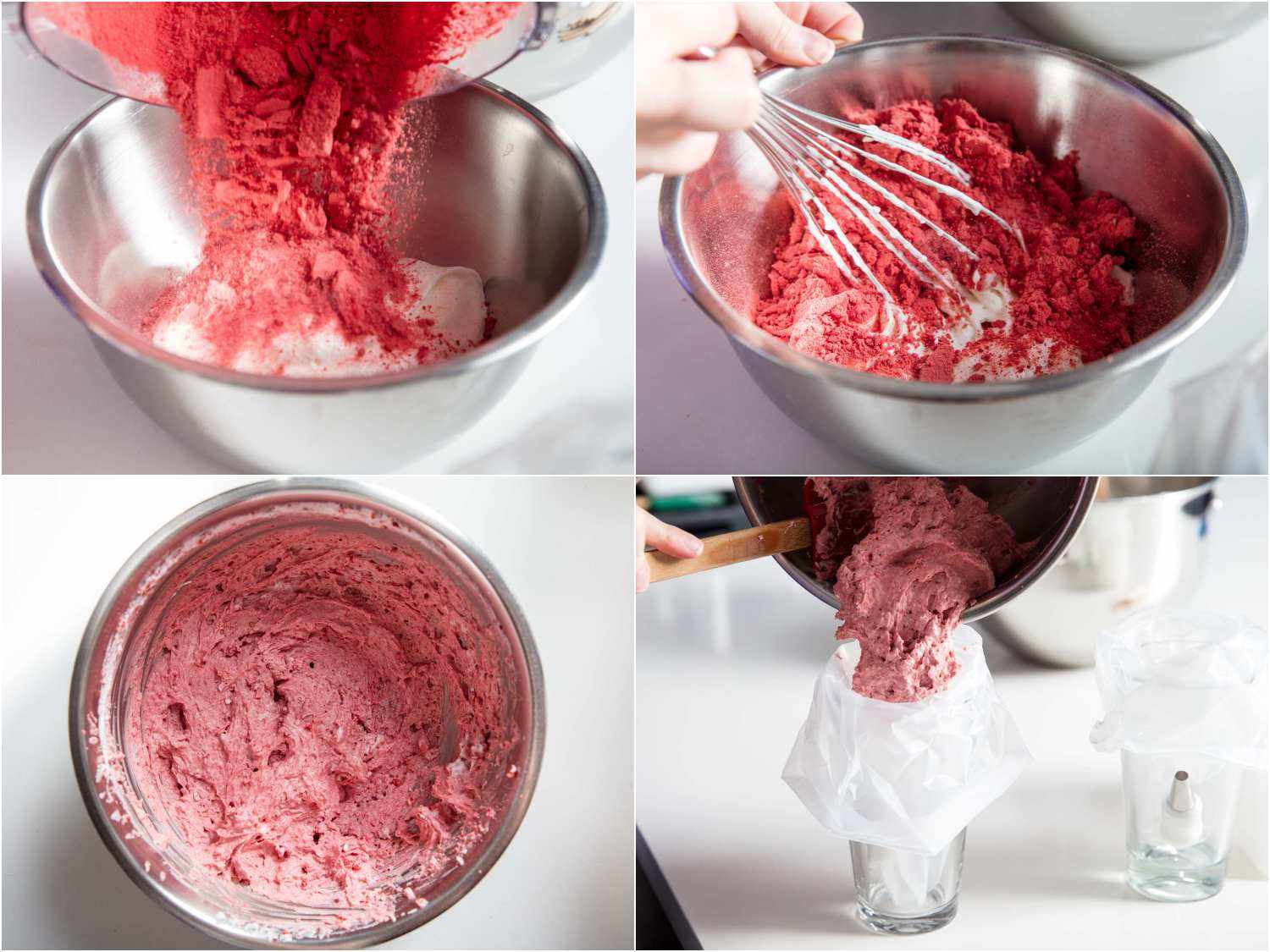 A four-image collage. The top left image shows freeze dried strawberry powder being added to the bowl of meringue. The top right image shows whisking the mixture together. The bottom left image shows the mixture after being combine. The bottom right image shows the mixture being transferred to a piping bag. 