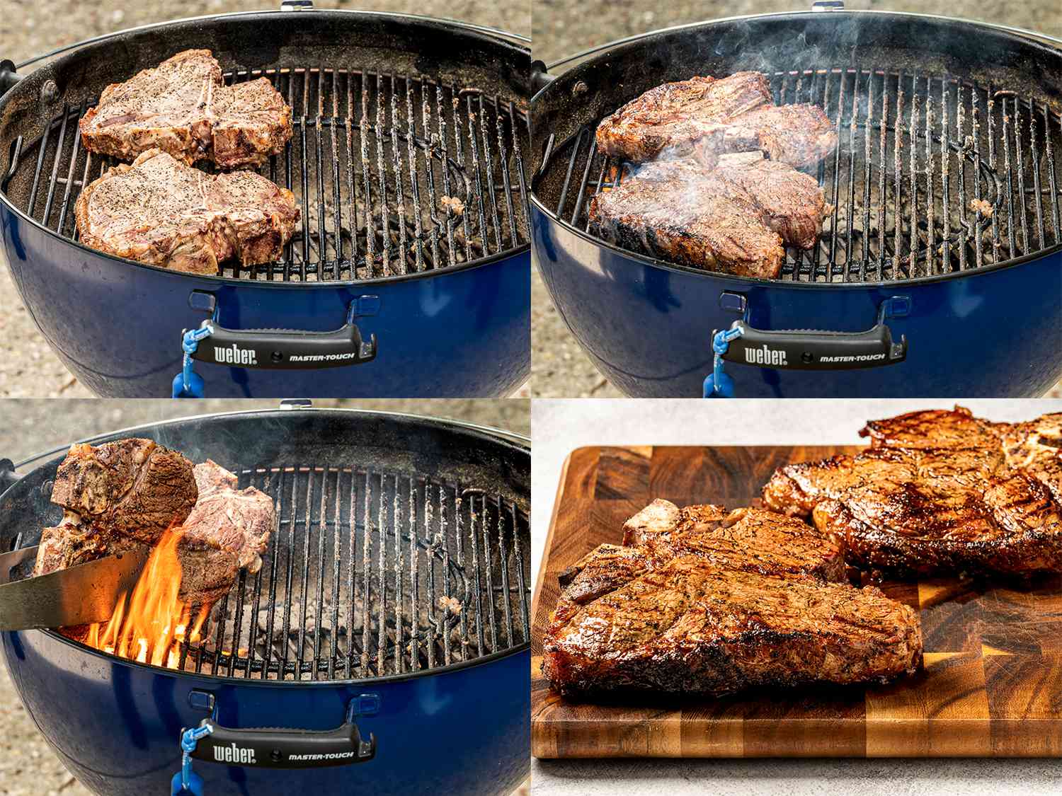 A four-image collage. The clock-wise set of images shows the steaks now positioned over the hot side of the grill (the side with the coals) and being flipped and held against the grilling grate so that they sear. The final image shows the steaks, fully seared, resting on a wooden cutting board.