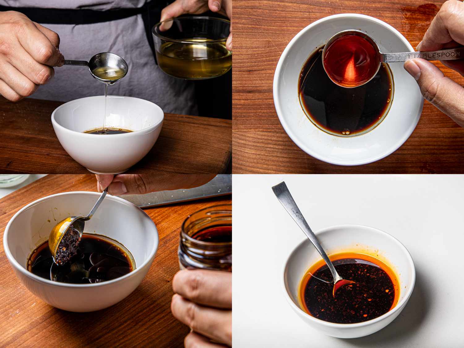 Four image collage. Top Left: Seasoning oil being added to a bowl. Top Right: Chili Oil being added to seasoning. Bottom Left: Chili crisp added to seasoning. Bottom right: Finished dressing in a white bowl with a spoon
