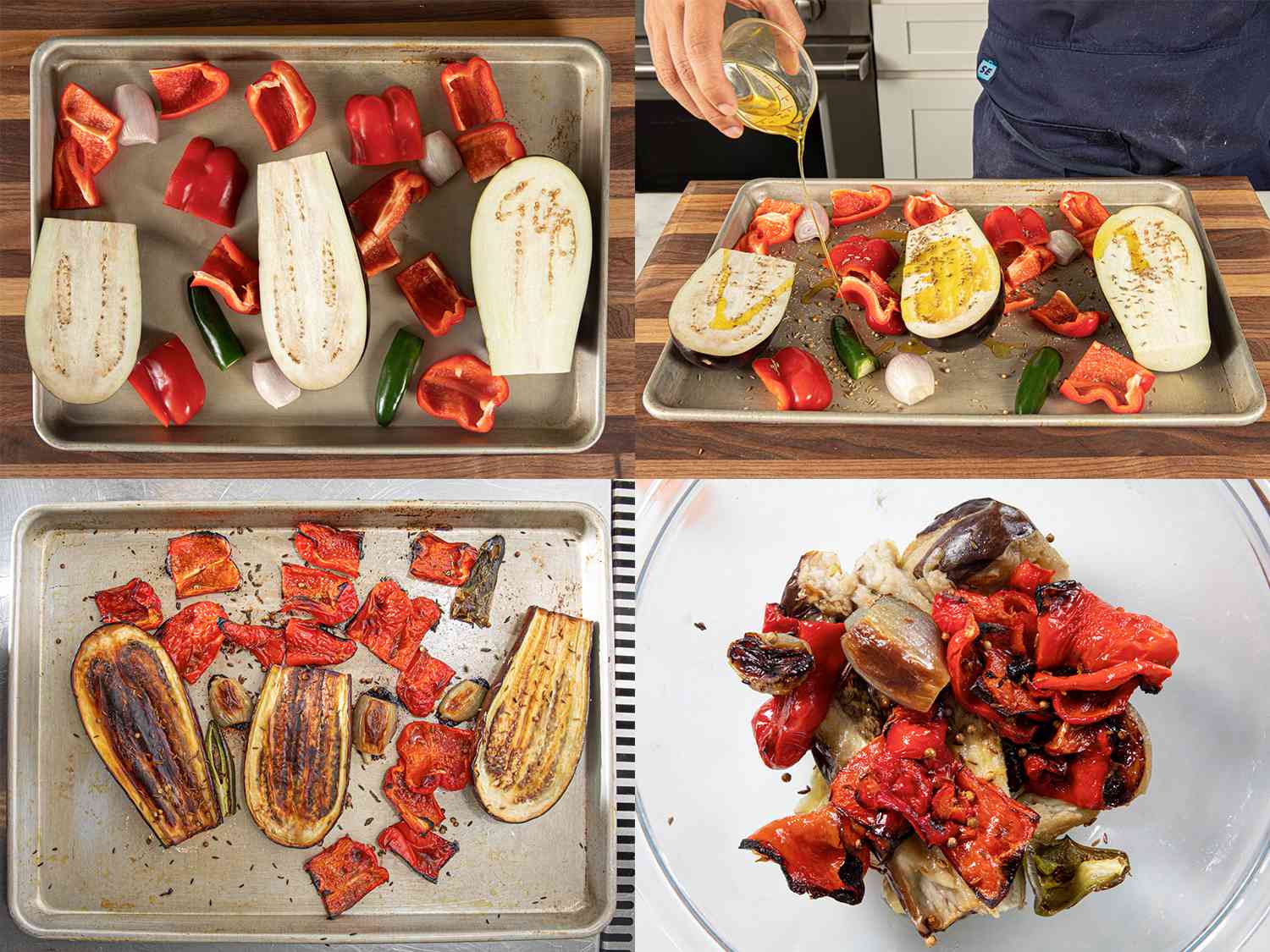Four image collage of raw vegetables on a baking sheet, being drizzled with oil and covered with seasoning, after being roasted in the oven, and mashed in a bowl with some skins removed.