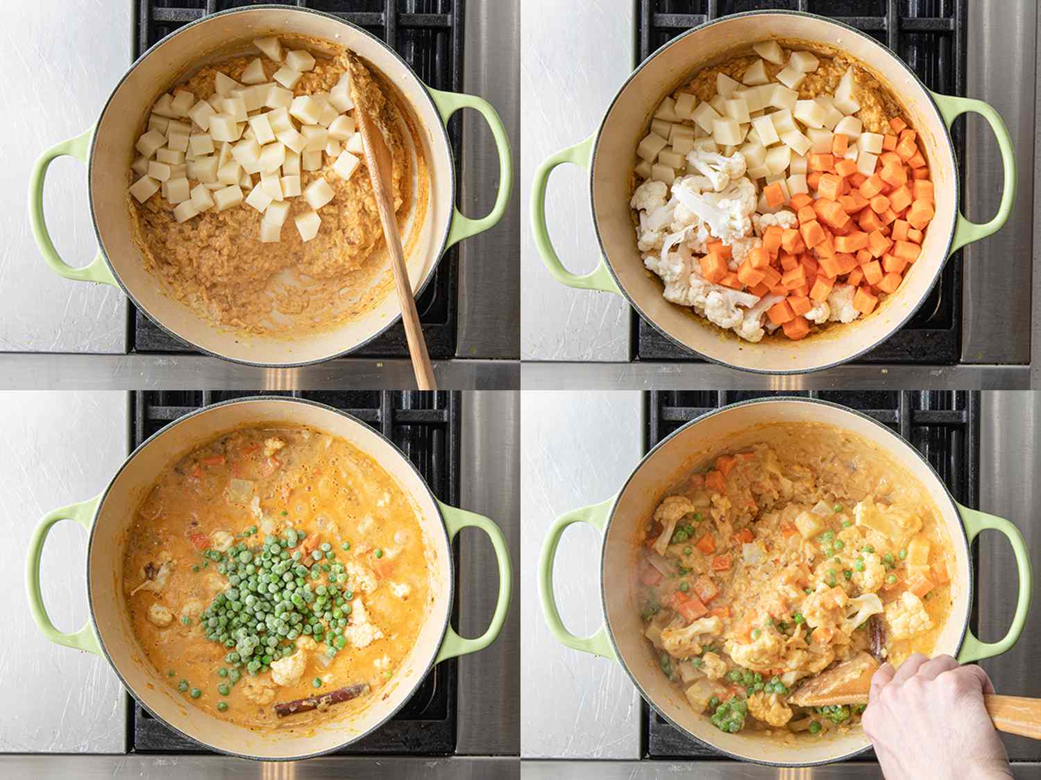 4 image collage. All photos shot from overhead. Clockwise from top left: paneer added to qorma with wooden spoon resting on side; vegetables added, frozen peas added to boiling mixture; a hand stirring qorma