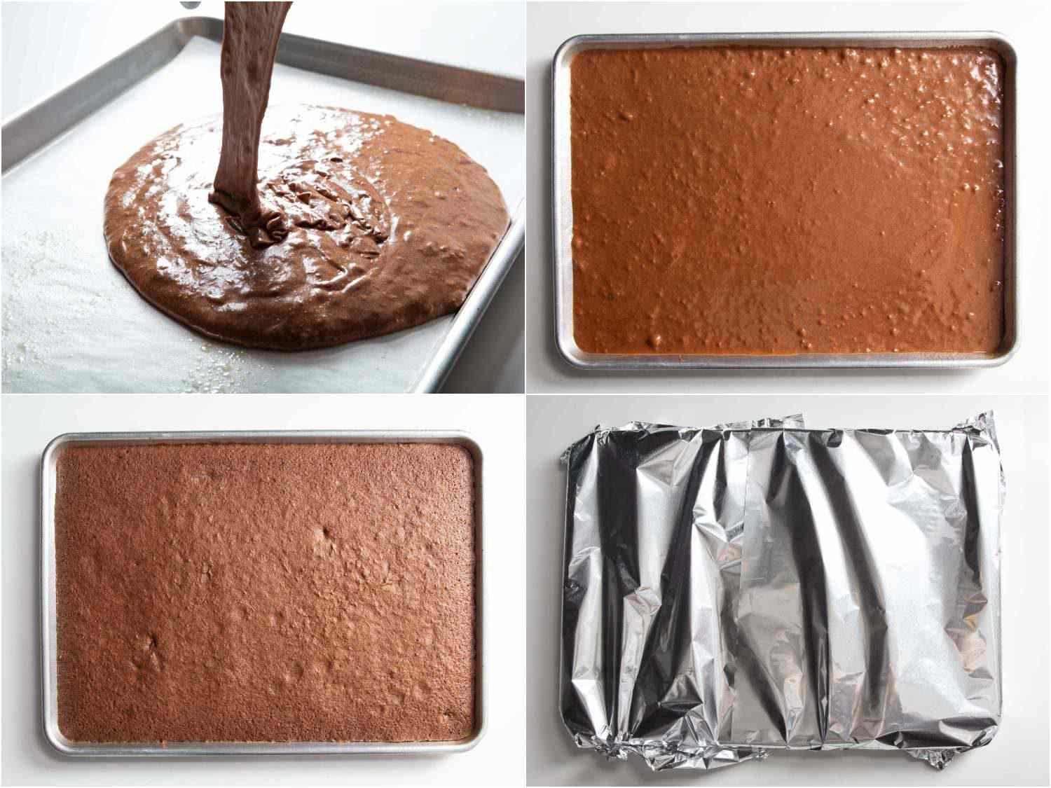 Collage showing the batter being poured into the prepared baking pan, the filled pan, the baked cake, and covering the cake with foil.