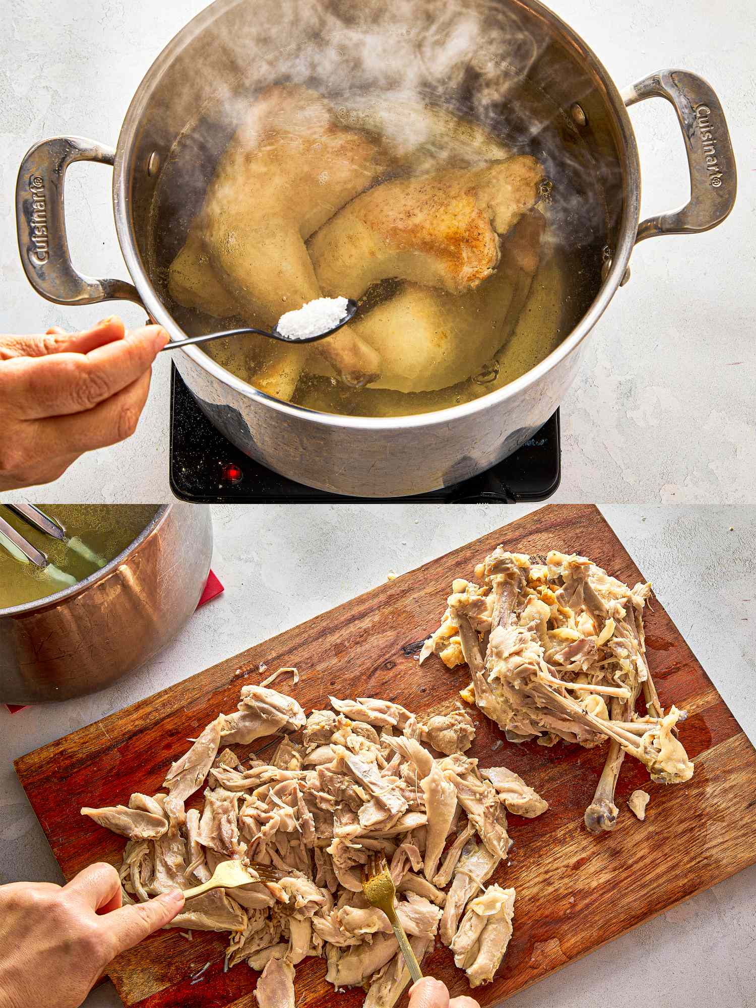Cooking process with chicken in a pot and shredded chicken on a cutting board
