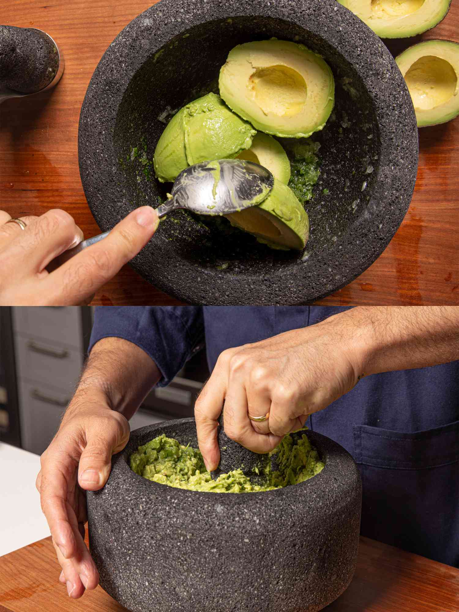Two image collage of adding avocados and mashing them in molcajete