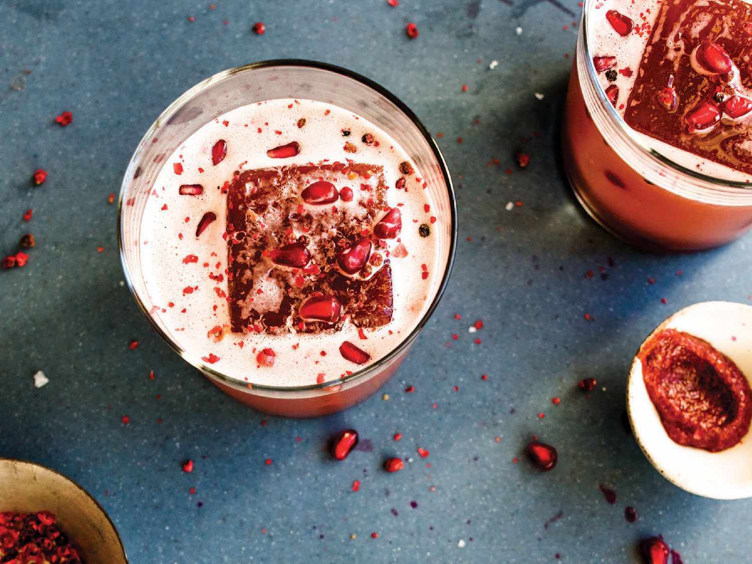 Mezcal cocktail with pomegranate and harissa.