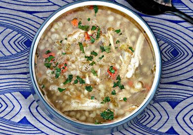 overhead shot of a bowl of slow cooker turkey soup