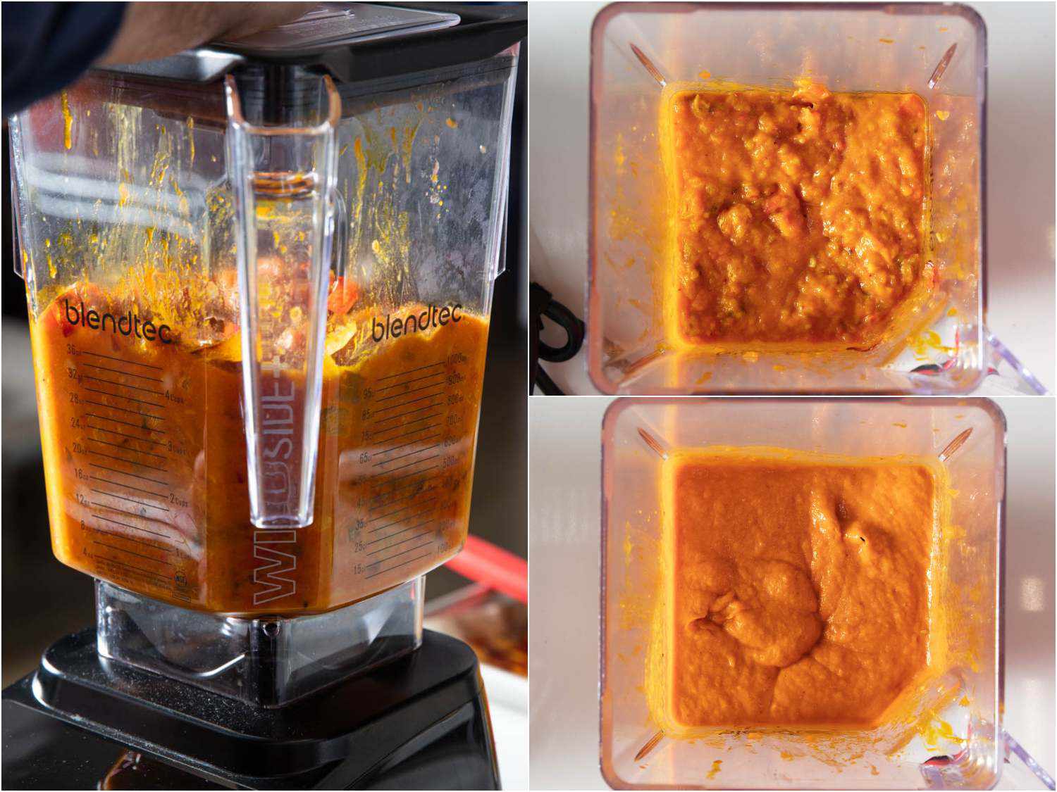 A collage of blending roasted vegetables for obe ata. 