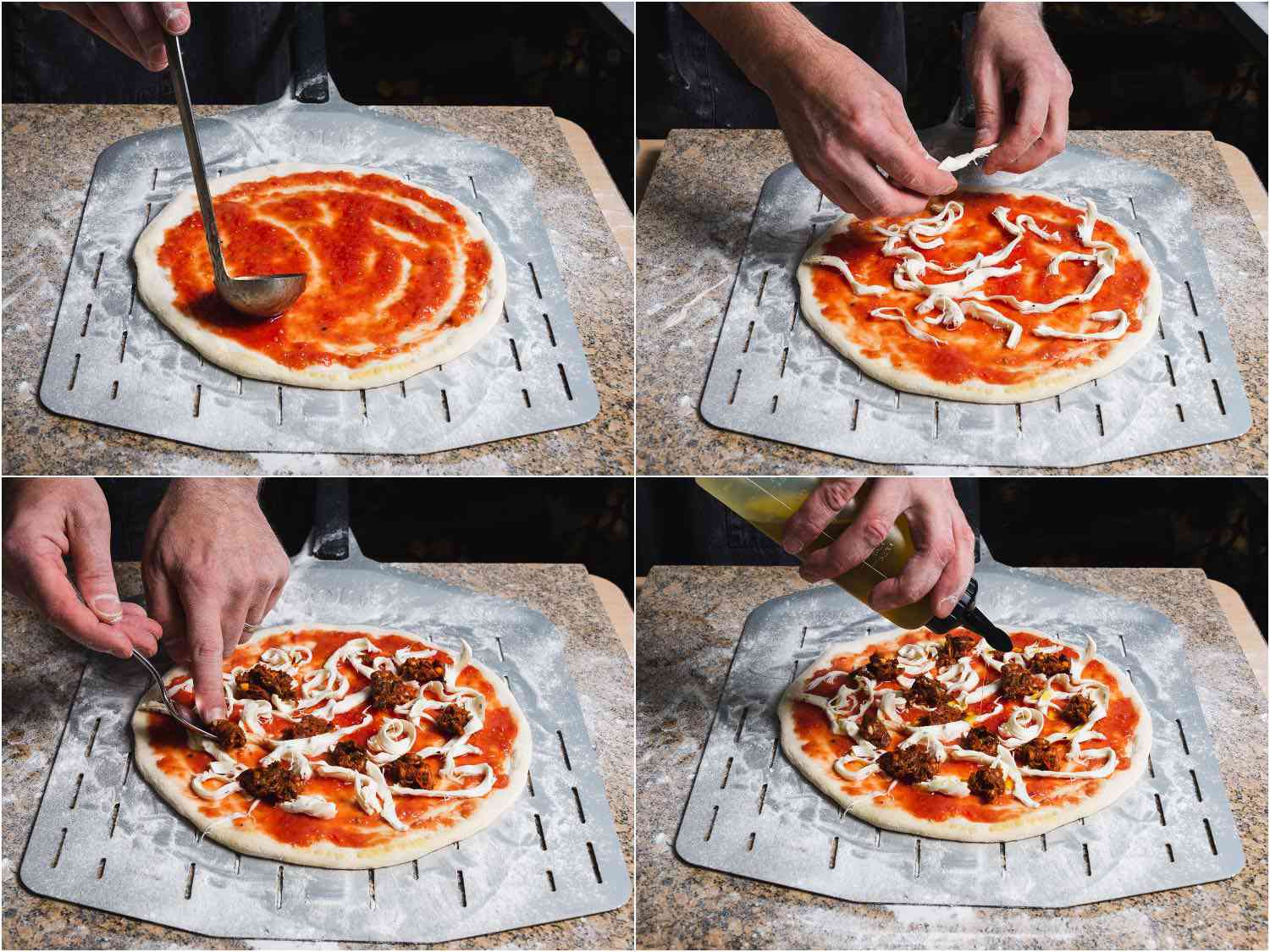 Collage showing topping of Armenian pizza with tomato sauce, Armenian string cheese, lamb sausage, and olive oil