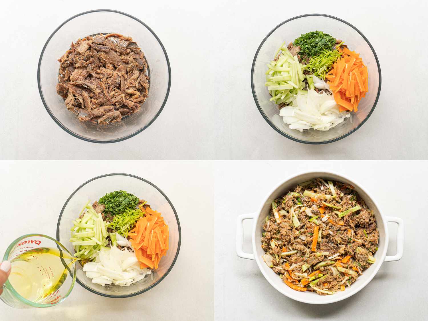 Four image collage of making pickled herring