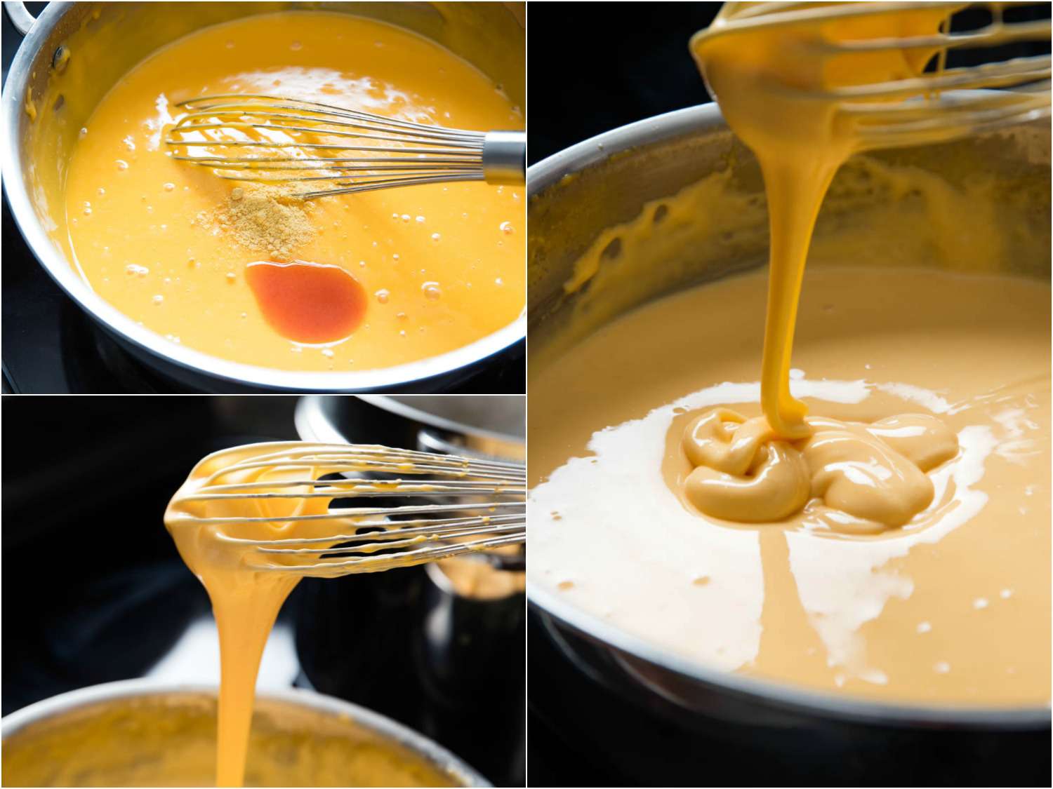 Whisking in seasonings for cheese sauce.
