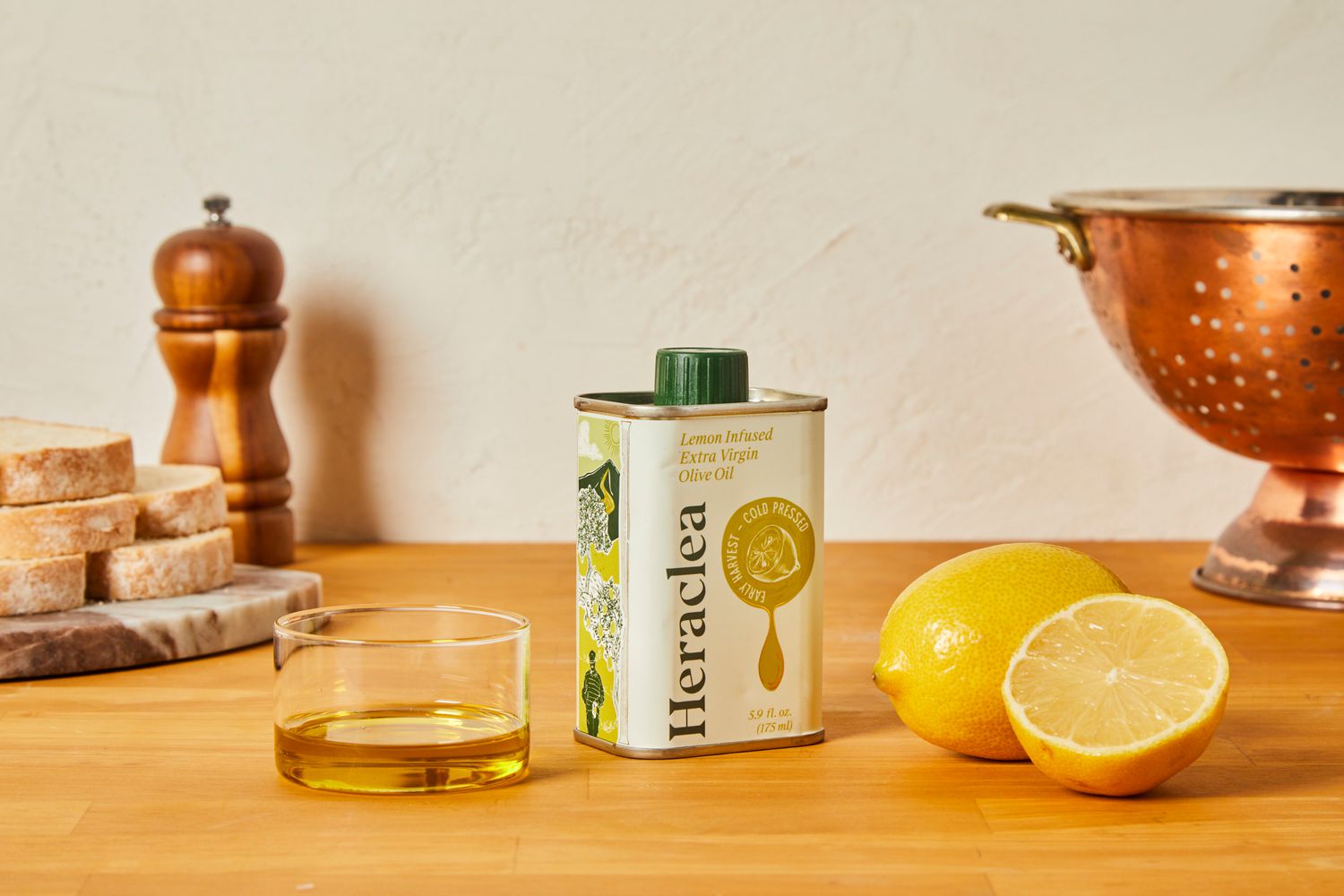 Heraclea lemon infused olive oil on a kitchen countertop.