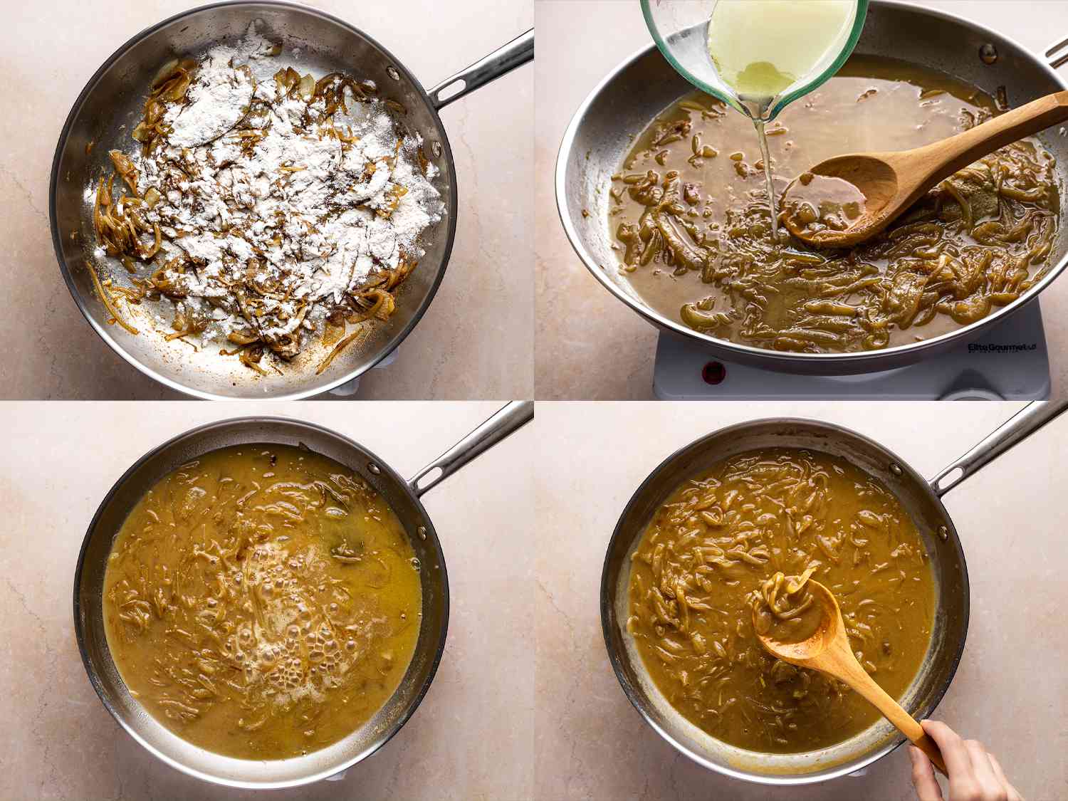 Flour being added to the onions, then stock. Mixture is simmered in pan