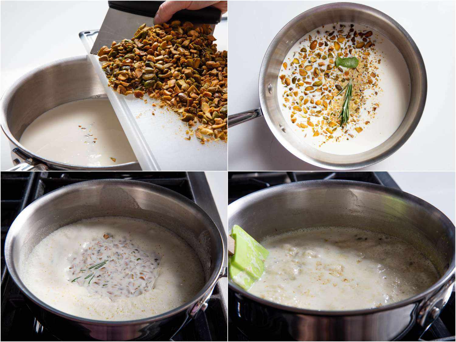 A collage: chopping toasted pistachios to infuse with milk and cream on a gentle simmer.