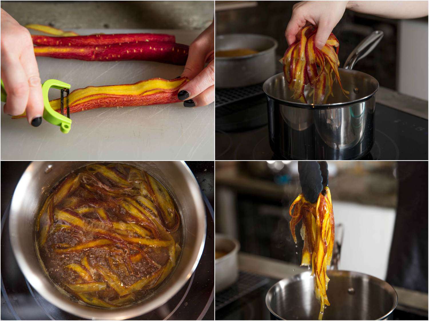 Collage of photos of making decorative carrot roses: peeling wide strips of carrot, dropping carrot strips in simple syrup, overhead shot of carrot strips in syrup, lifting strips from syrup with tongs.
