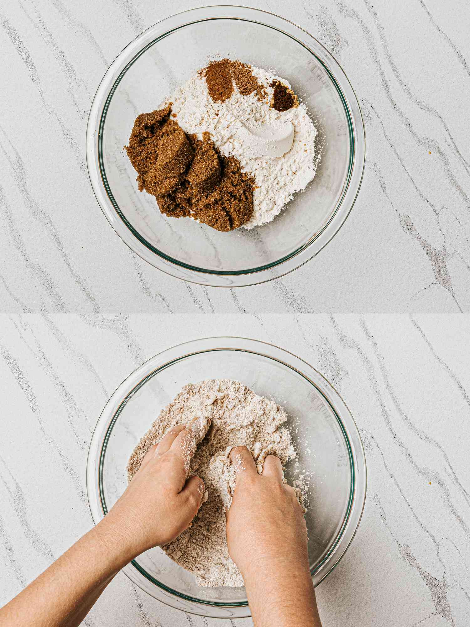 Overhead view of steps to make shoofly pie