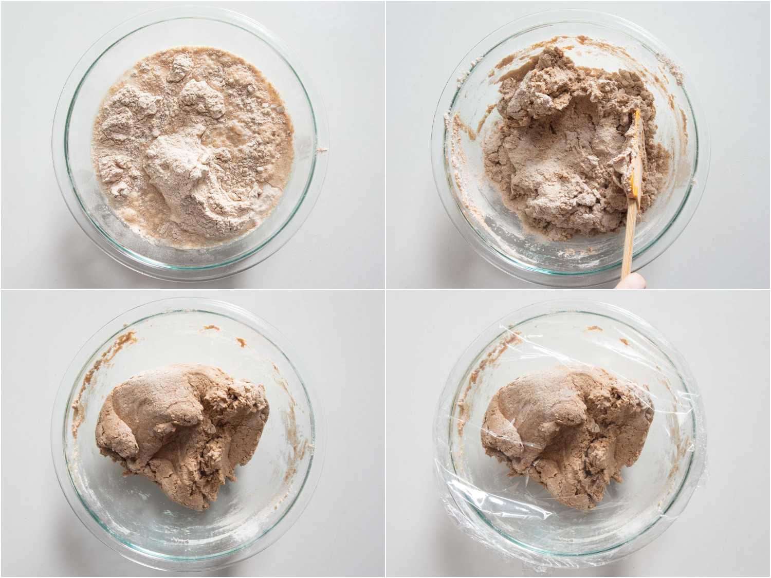 A collage of four images: combining whole wheat flour with water and mixing with a spatula to form autolyse and covering the bowl with a plastic wrap.