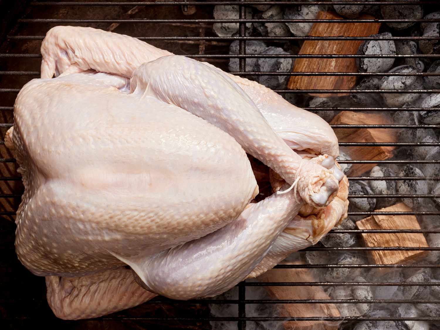 Overhead view of turkey on smoker