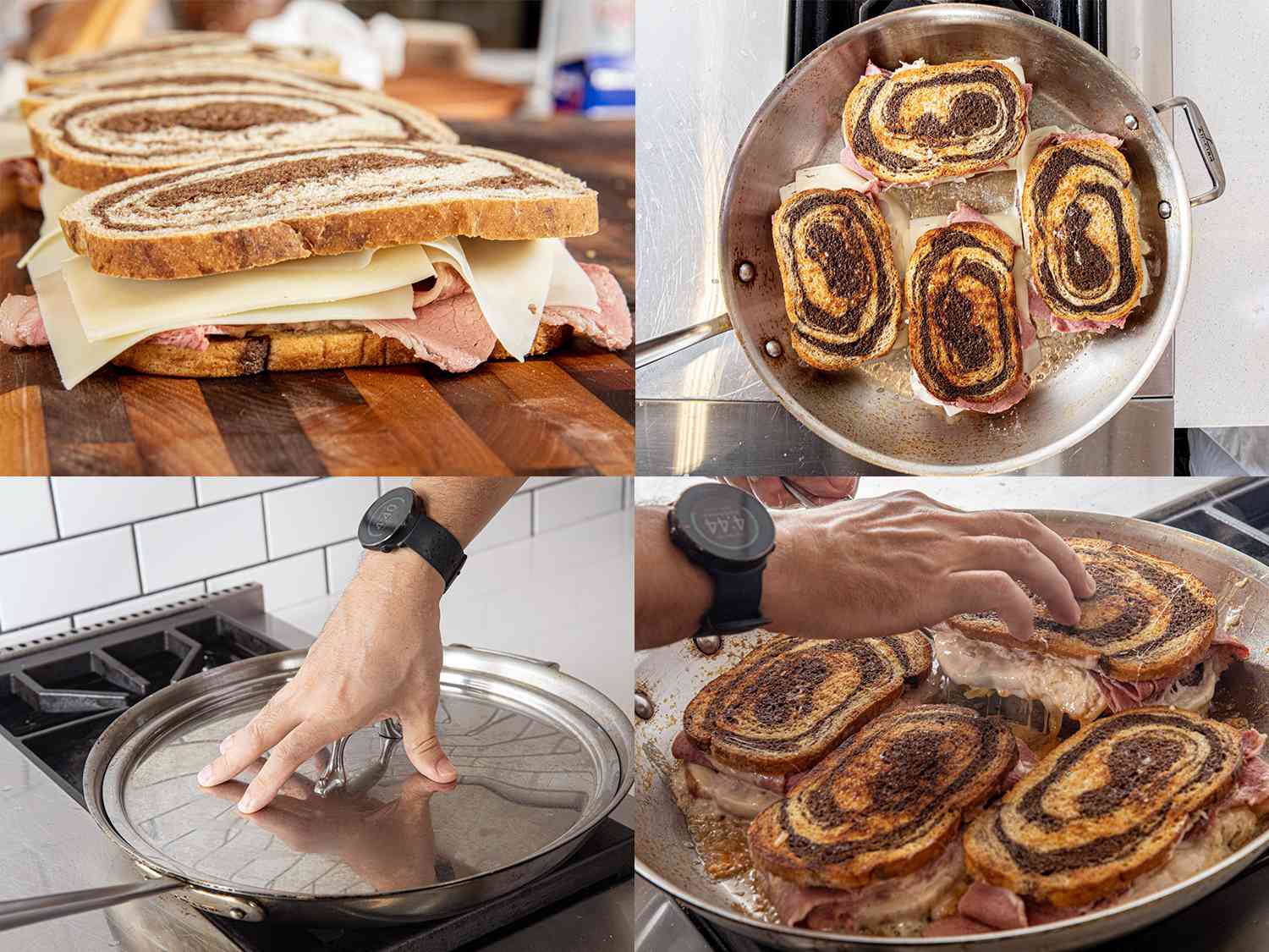 Four Image Collage of sandwiches being closed, added to a pan with butter, being pressed down in the pan, and then being lifted out of the pan when melty