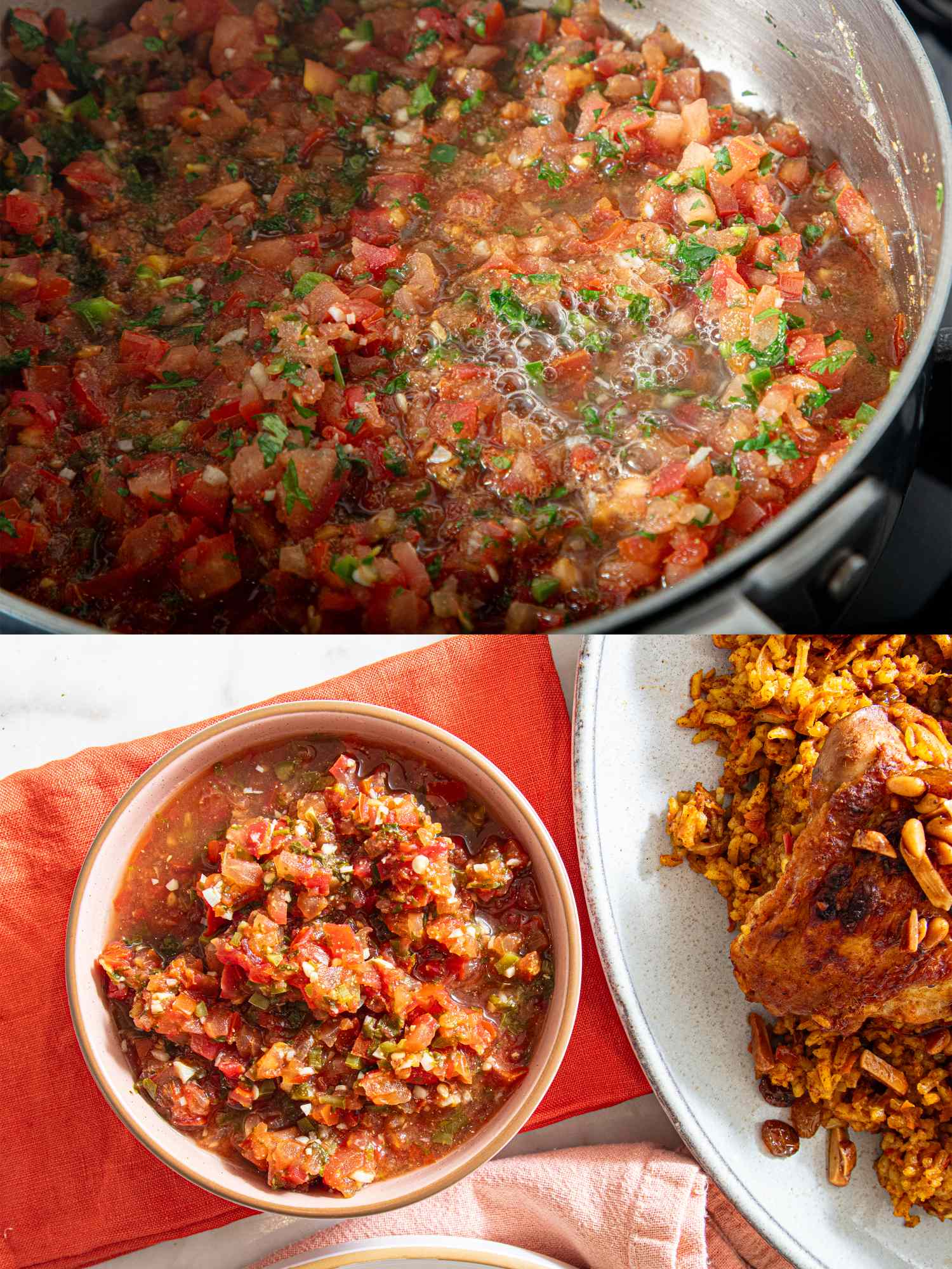 Prepared vegetablerich salsa in a pan and served with a meal including rice and a stuffed chicken leg