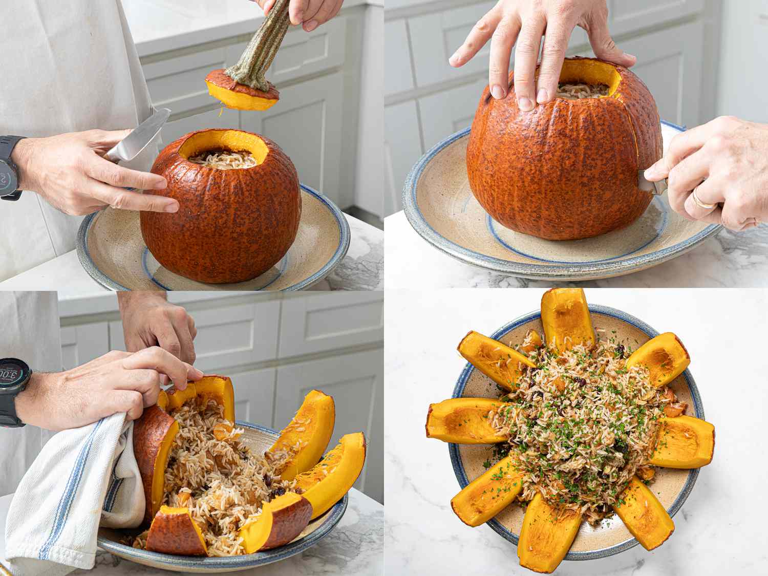 Four image collage of cutting and displaying ghapama