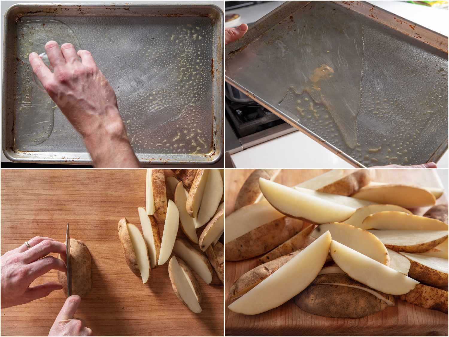 Preparing baking sheet with oil and cutting potatoes into wedges