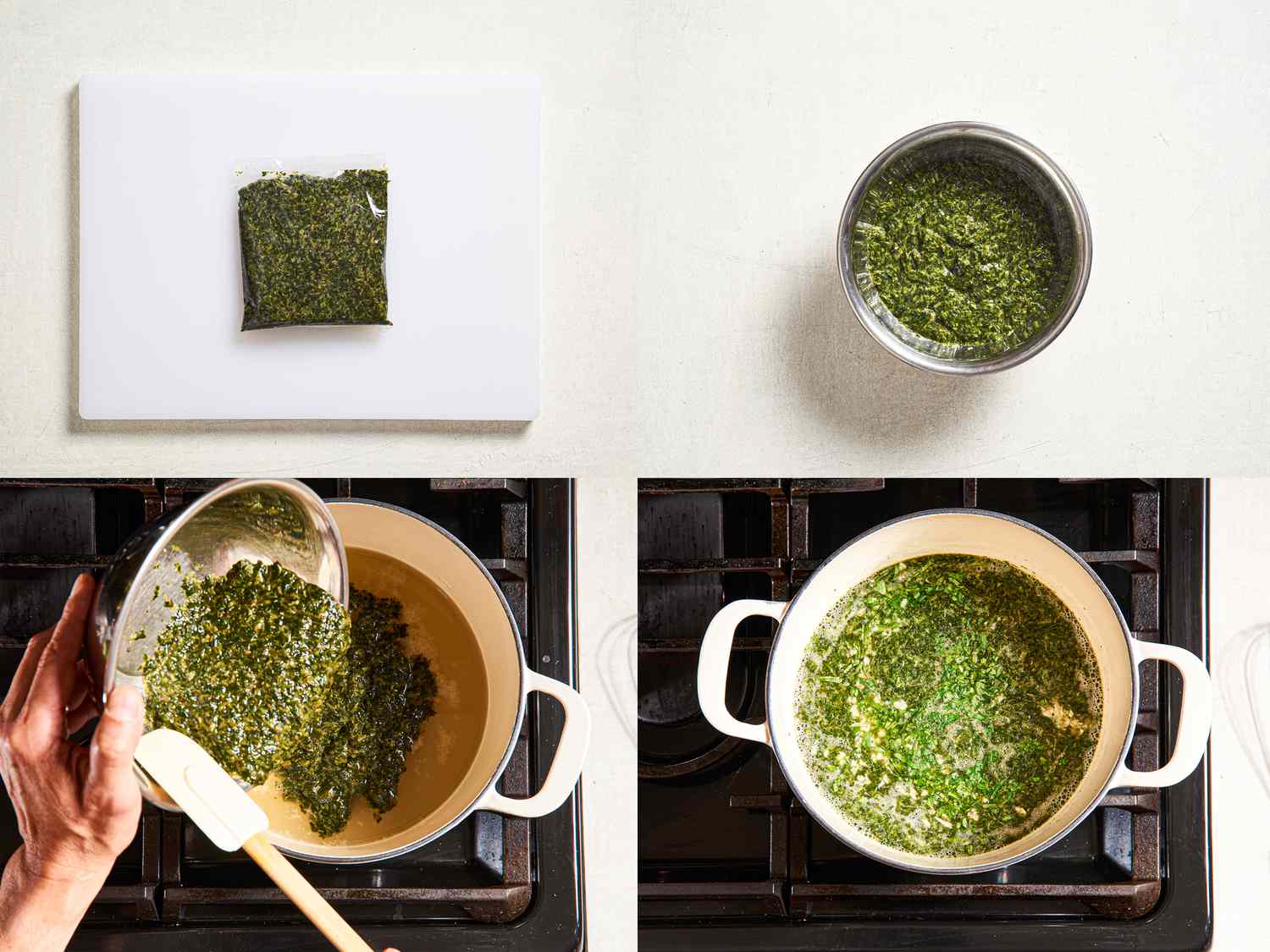 Adding molokhia to a pot of soup.