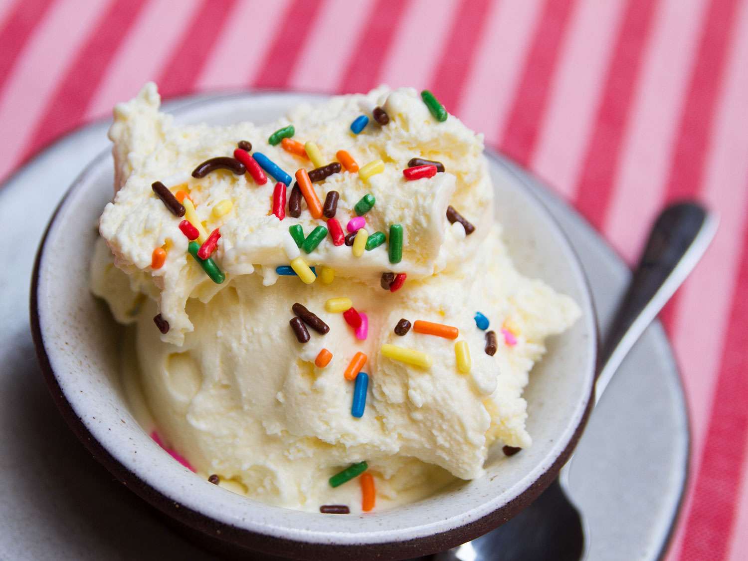 A dish of soft and rich vanilla frozen custard with multi-colored sprinkles on top. 