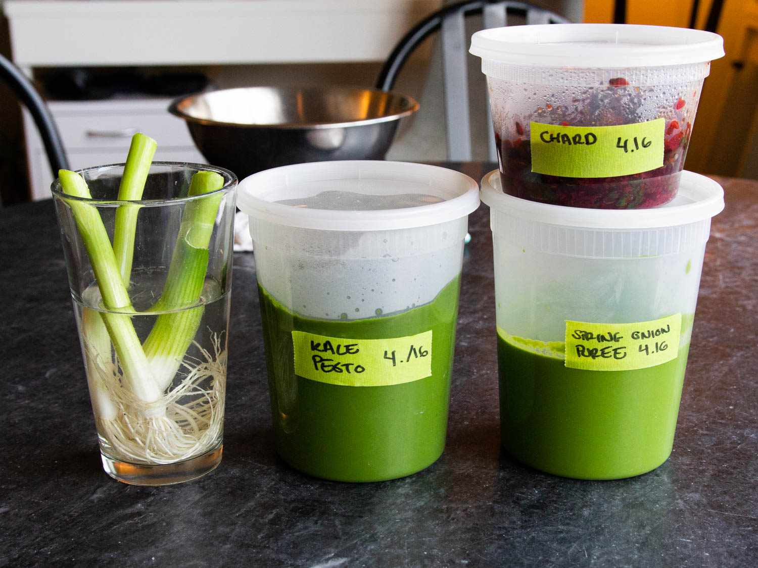 Deli containers of puréed and cooked vegetables.