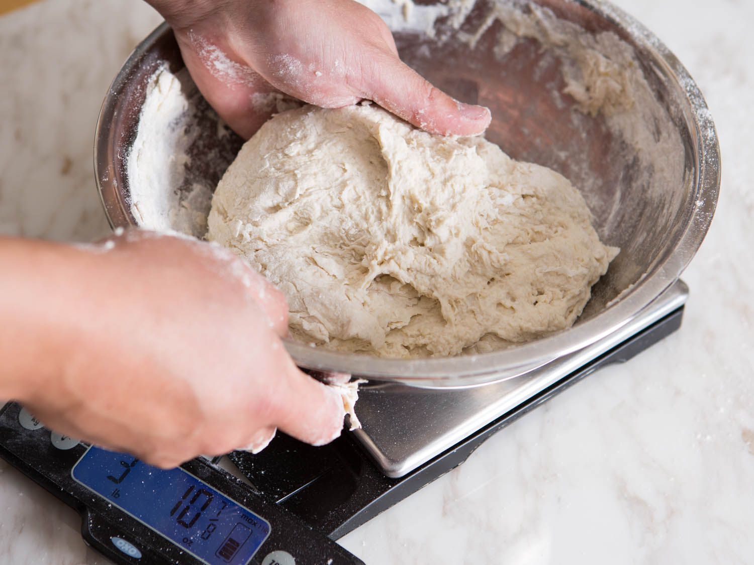The ingredients are mixed into a dough in the same bowl they were measured in.
