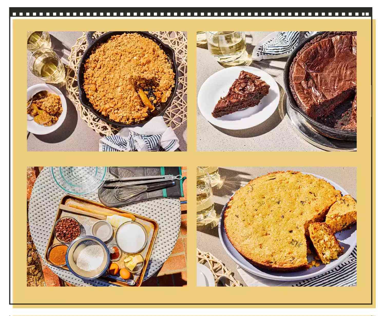 Four dessert dishes including a crumble, brownies, baking ingredients, and sliced baked goods