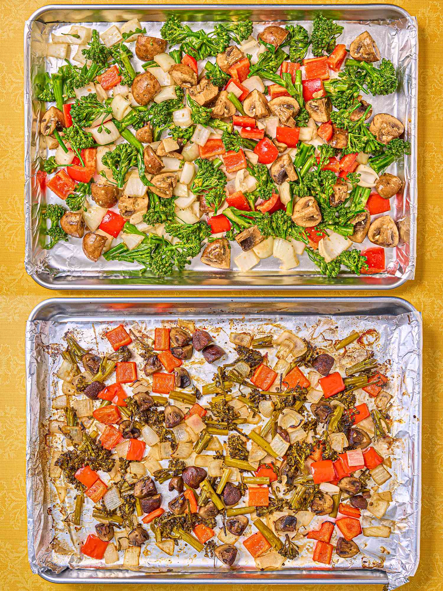 Two image collage of sheet tray veggies before and after being roasted