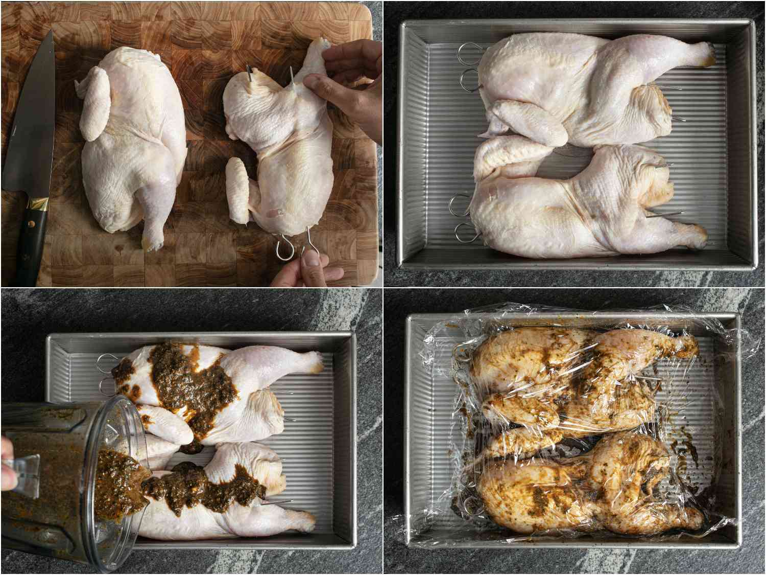 collage: chicken halves skewered on cutting board; halves in baking dish; marinade poured on top; marinade all over chicken halves and dish covered with plastic wrap