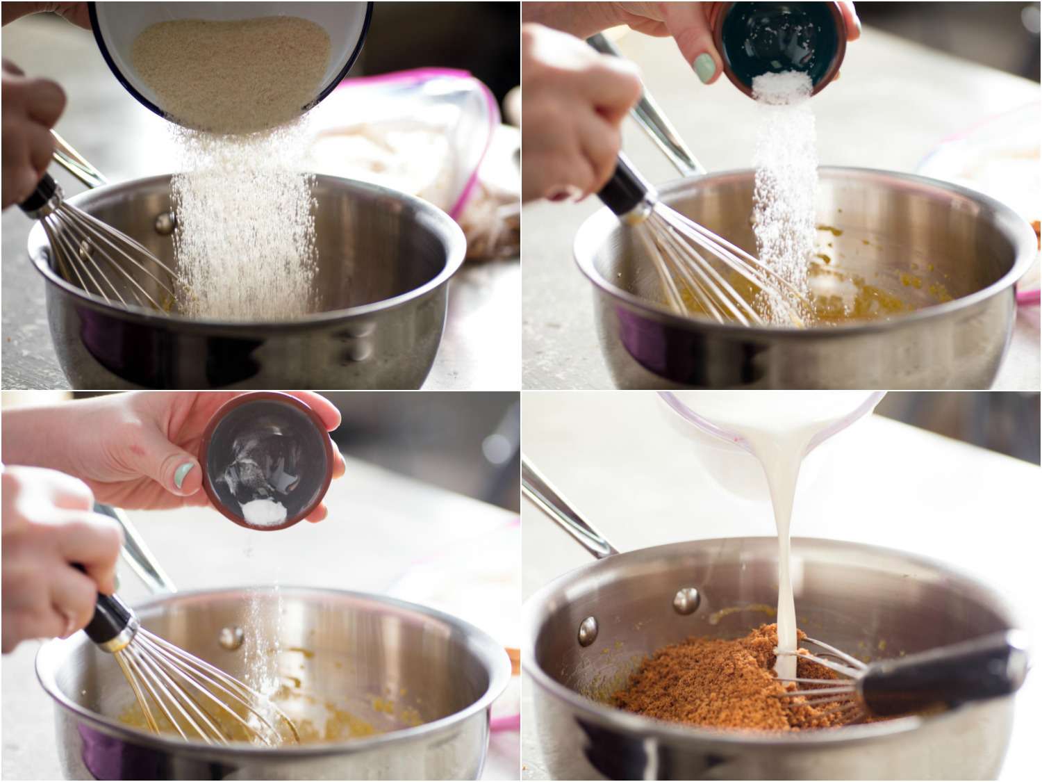 Collage of ice cream base ingredients being added to a saucier.