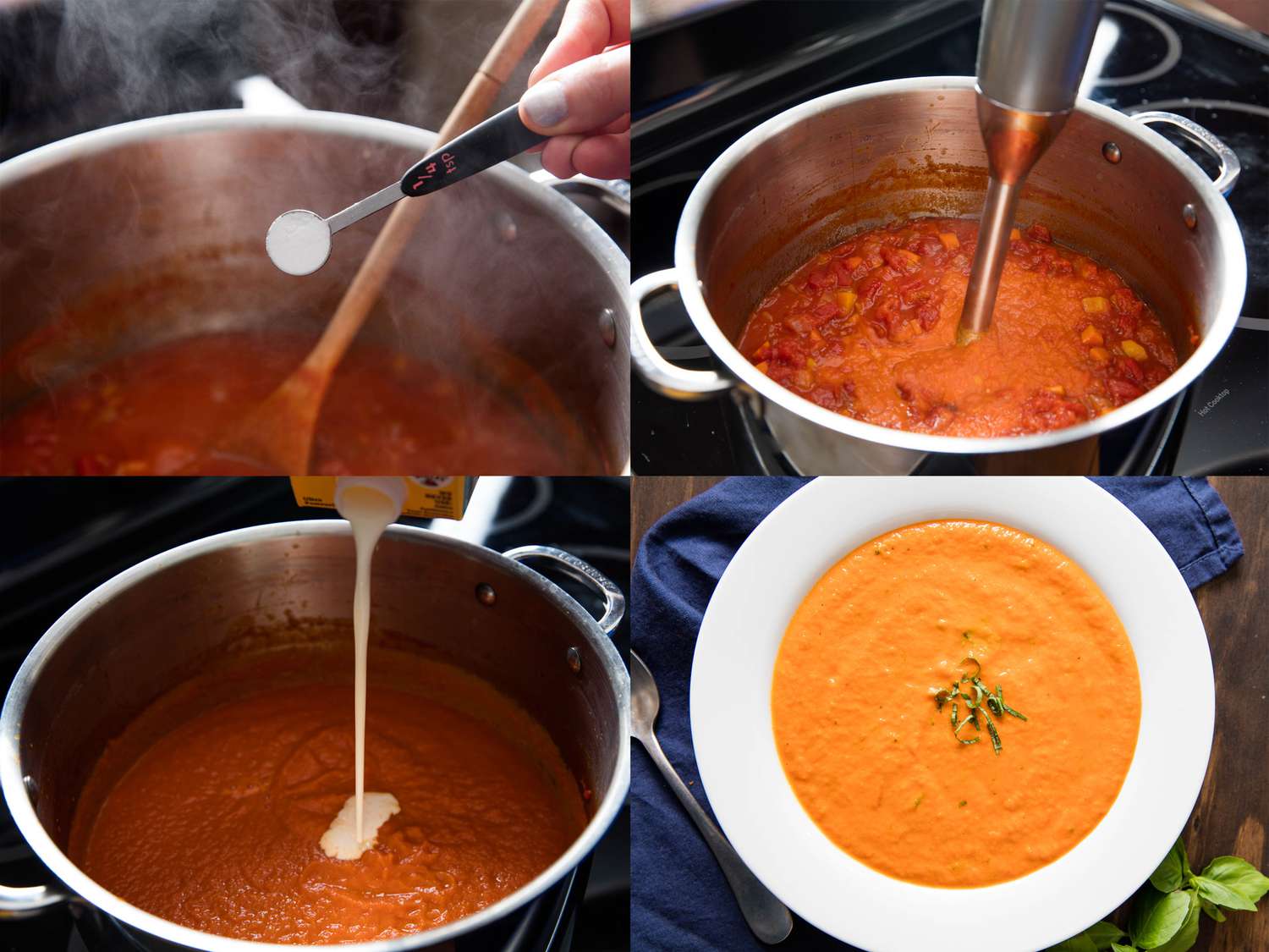 Four image collage of adding baking soda, pureeing, adding cream, and finished soup