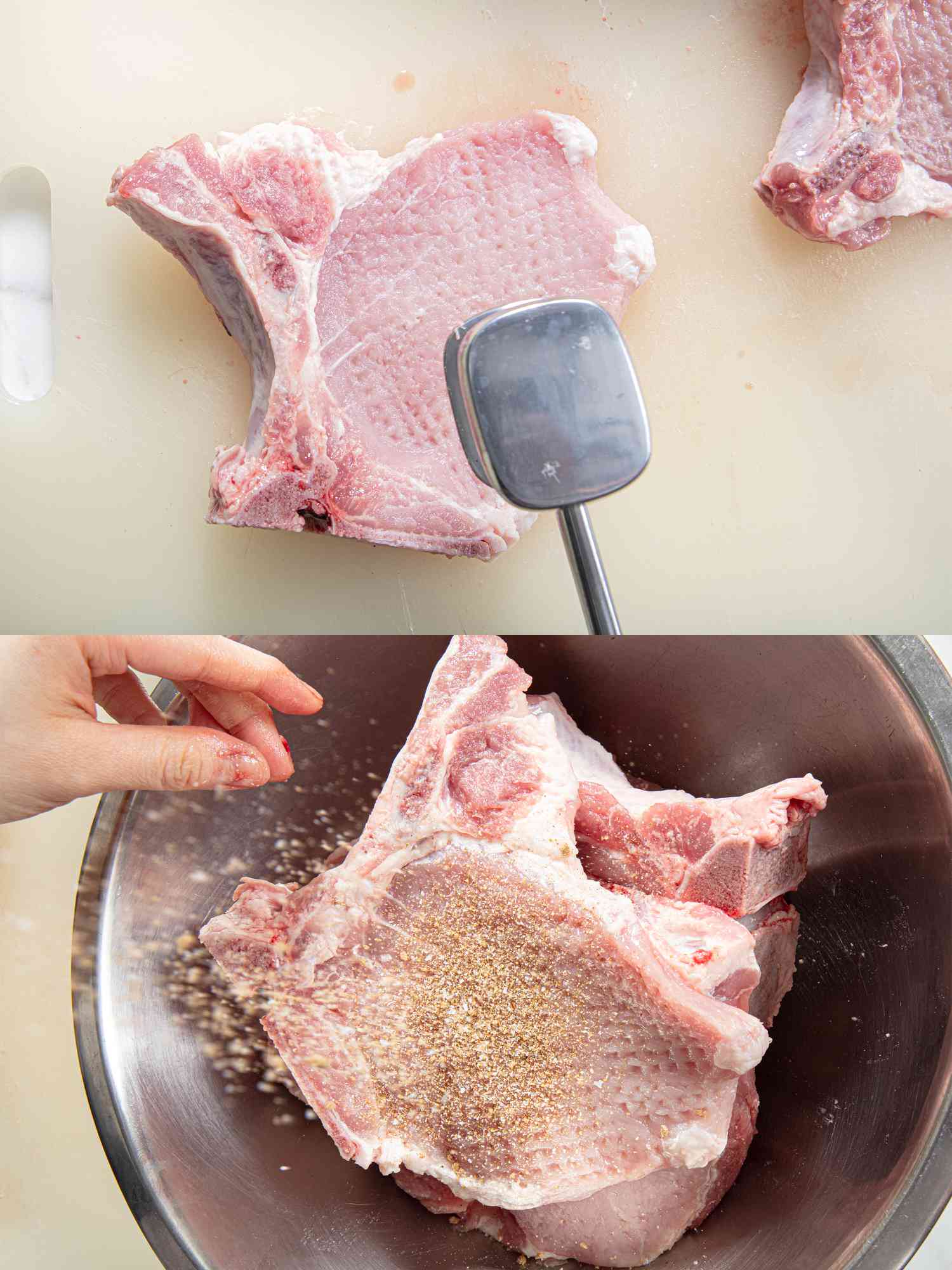 Overhead view of prepping pork