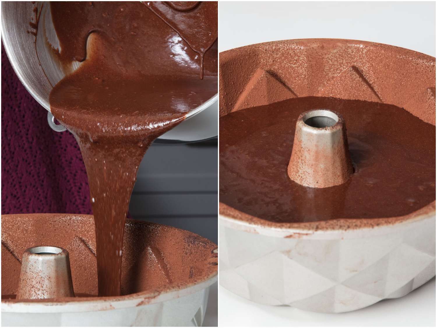 Collage of two images showing pouring chocolate cake batter into bundt pan dusted with cocoa powder.