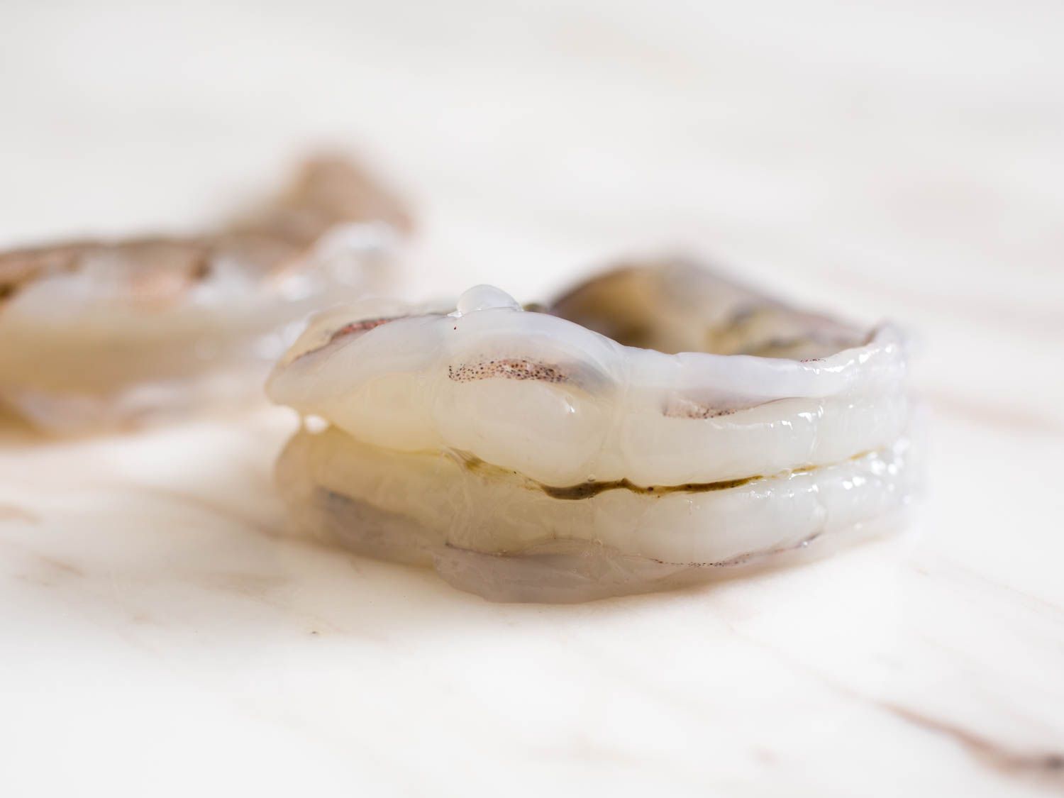 close-up of peeled raw shrimp with vein intact