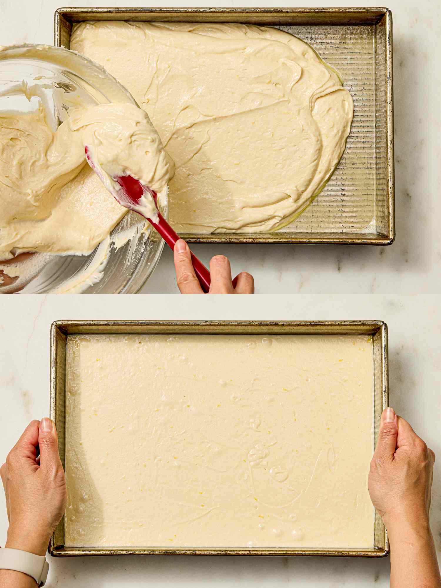 Batter being spread and leveled in a baking pan showing steps in preparing a cake