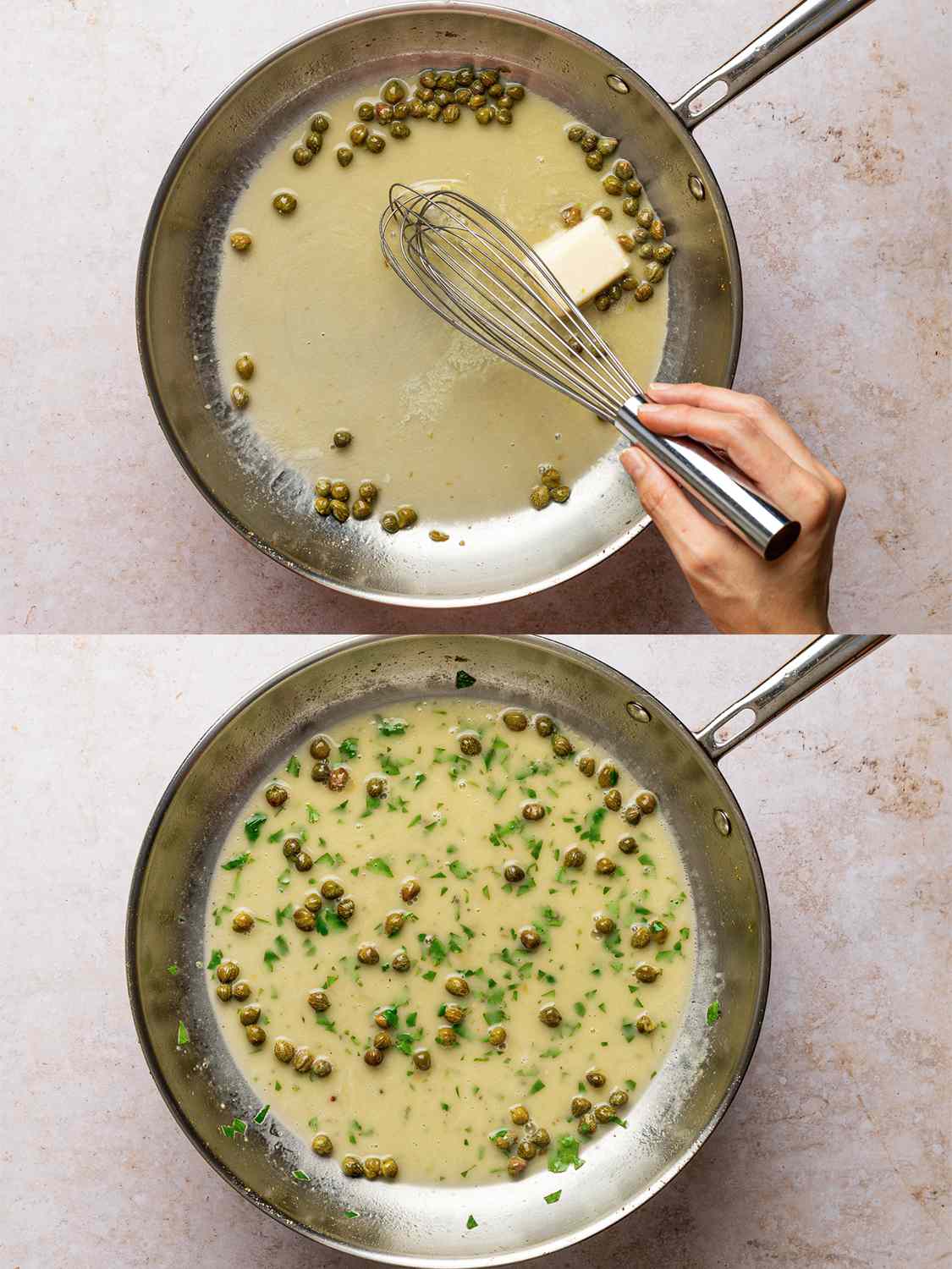 A two-image collage. The top image shows a stainless steel skillet holding butter and capers. There's a hand holding a metal whisk which is inside of the pan. The bottom image shows the sauce now fully incorporated, with chopped parsley in the sauce.
