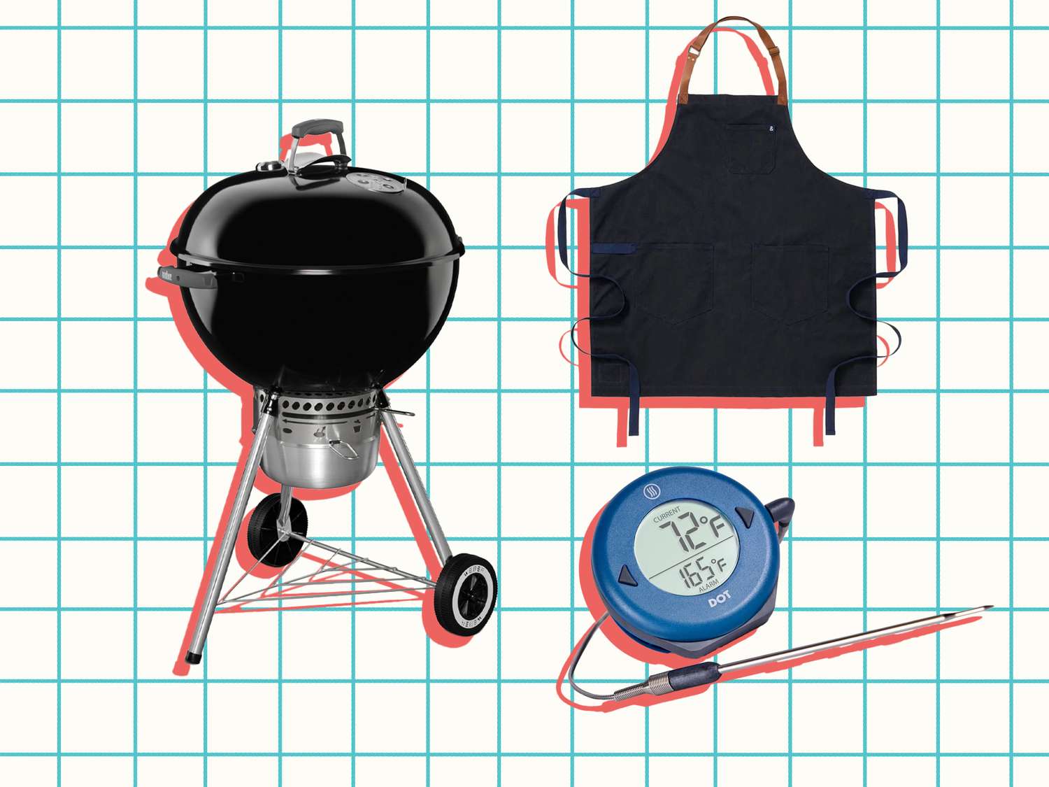 A grill an apron and a thermometer with a probe for grilling products