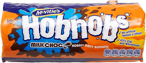 A package of Hobnobs, a popular British cookie. 