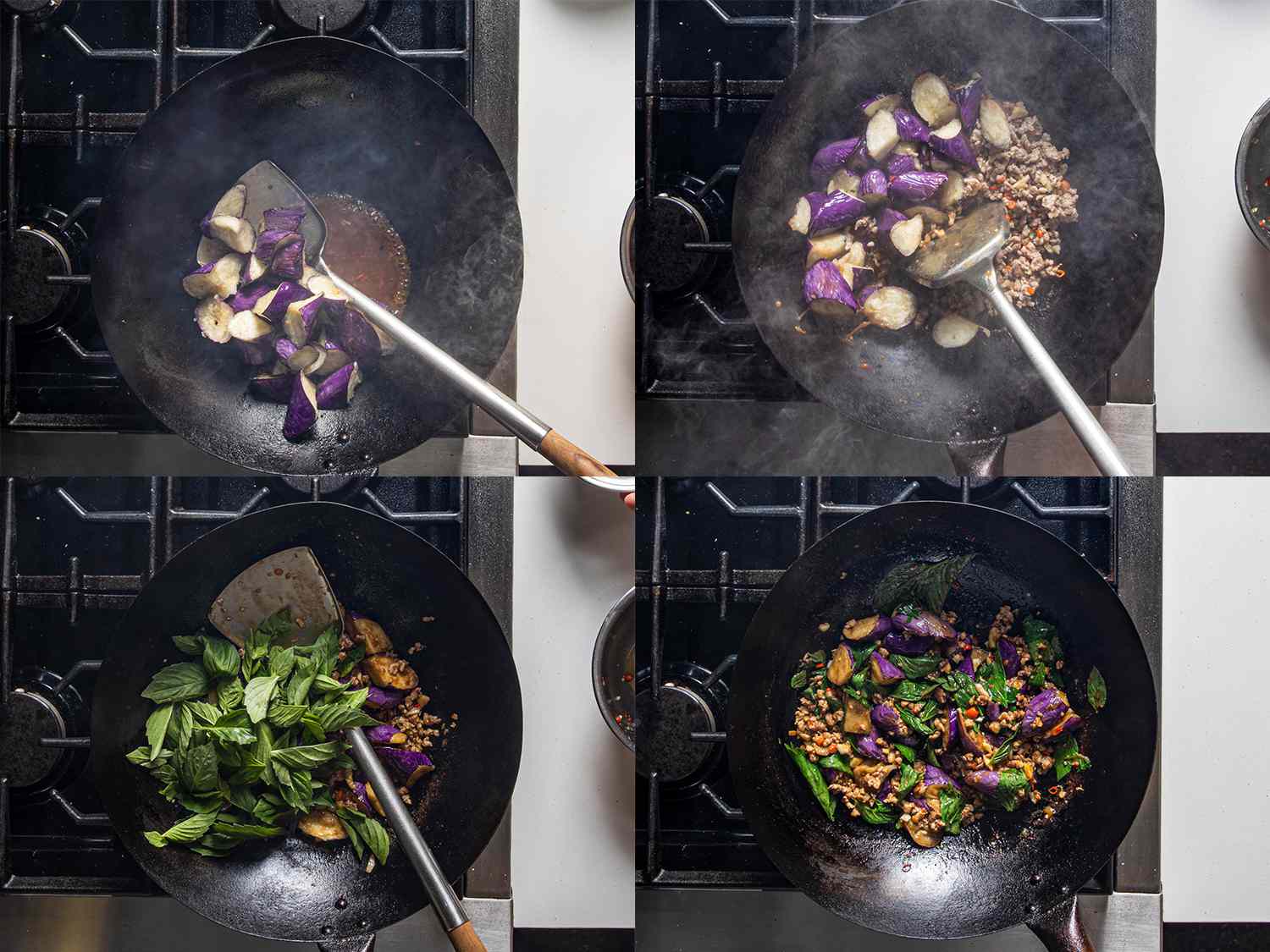 Four Image Collage: Eggplant added to wok, pork and eggplant being stirred together in the wok, basil added to wok, overhead view of completed stir-fry in wok.