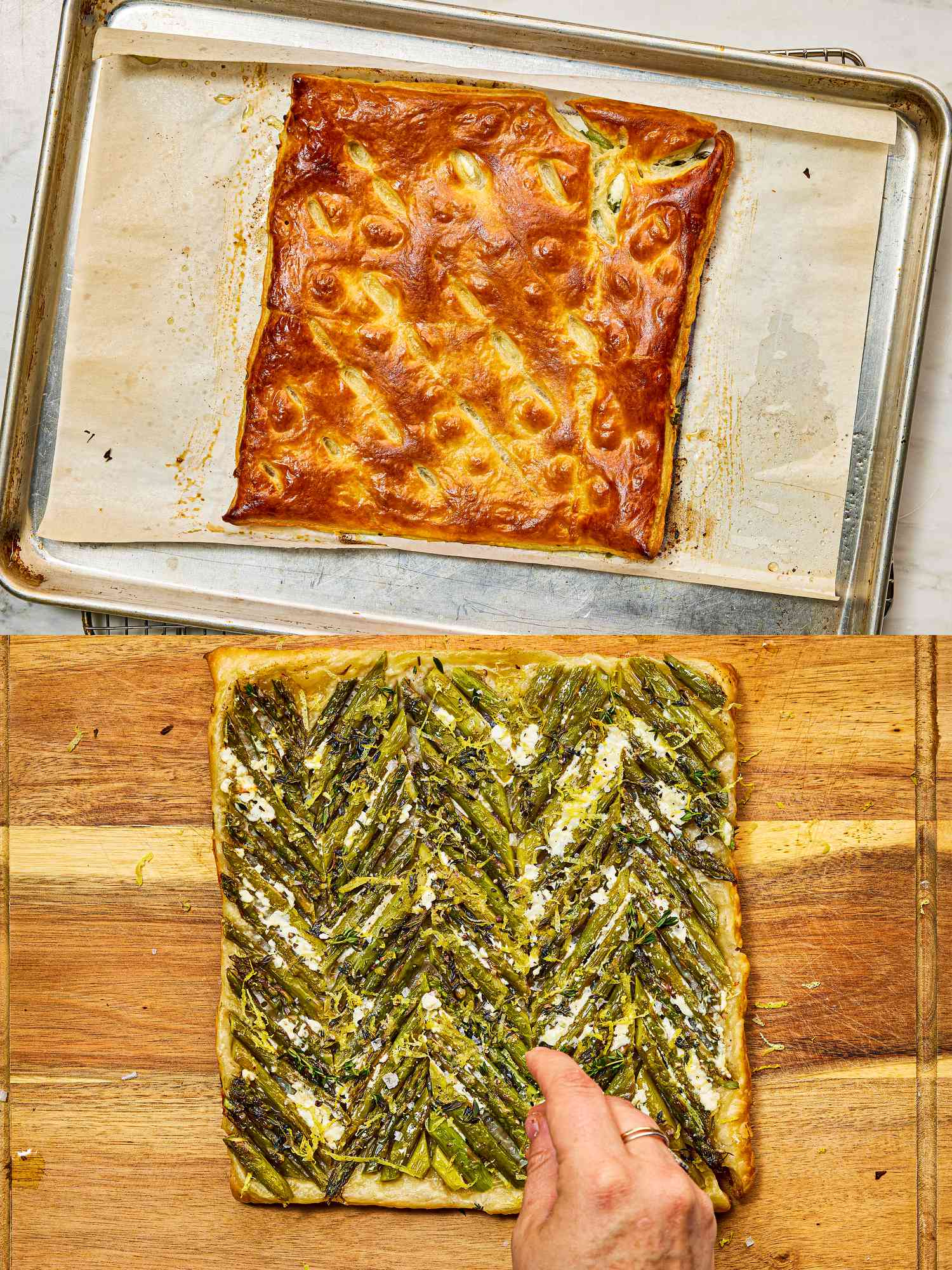 Two image collage of overhead view of baked tart before and after being flipped
